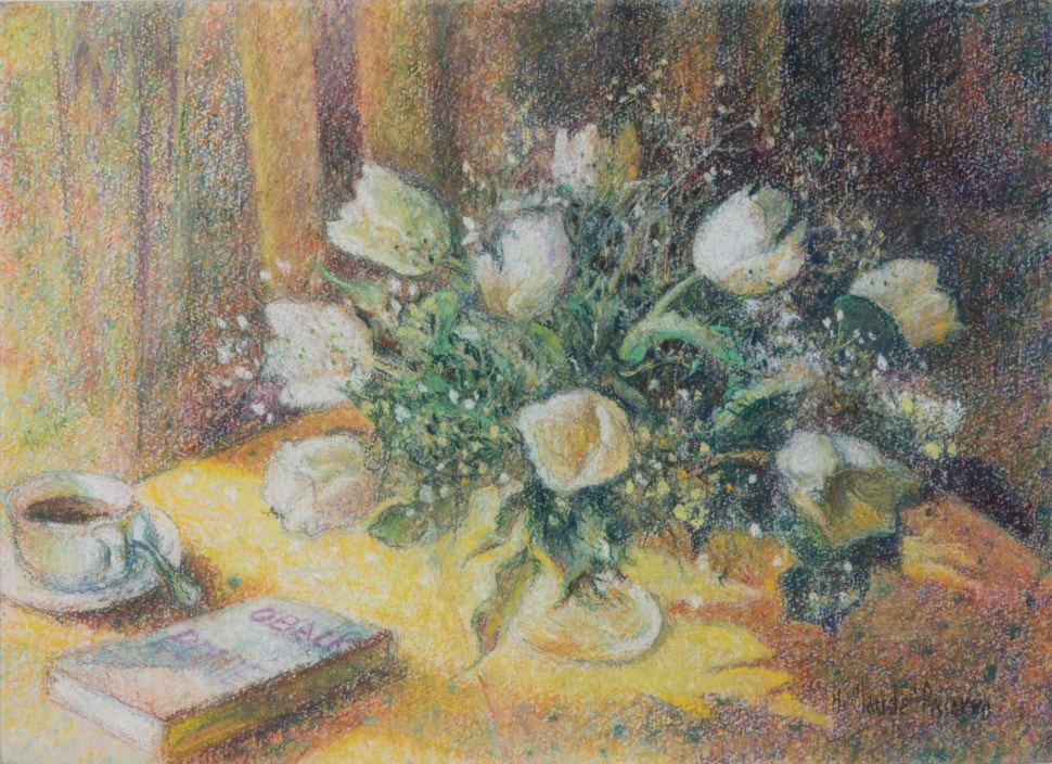 Les tulipes blanches à la tasse de café - H. Claude Pissarro (b. 1935 - )